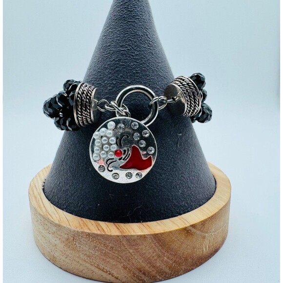 Ginger Snap Santa Dangle Stretch Bracelet Black Crystal Silver Tone - Picture 1 of 9